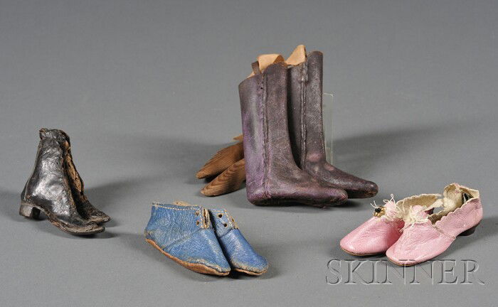 Five Pairs of Doll Shoes, 19th century, a pair of: Five Pairs of Doll Shoes, 19th century, a pair of knee-high black leather riding boots, a pair of black pointy-toe lace-up ankle length boots, two pairs of kid leather shoes in blue and pink, and a pa