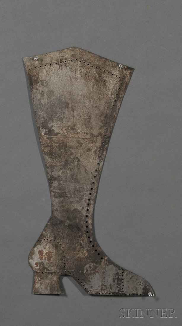 Tin Boot Trade Sign, America, late 19th century, c: Tin Boot Trade Sign, America, late 19th century, cut-out tinned sheet metal with pierced details, ht. 22 3/4, lg. 12 in.