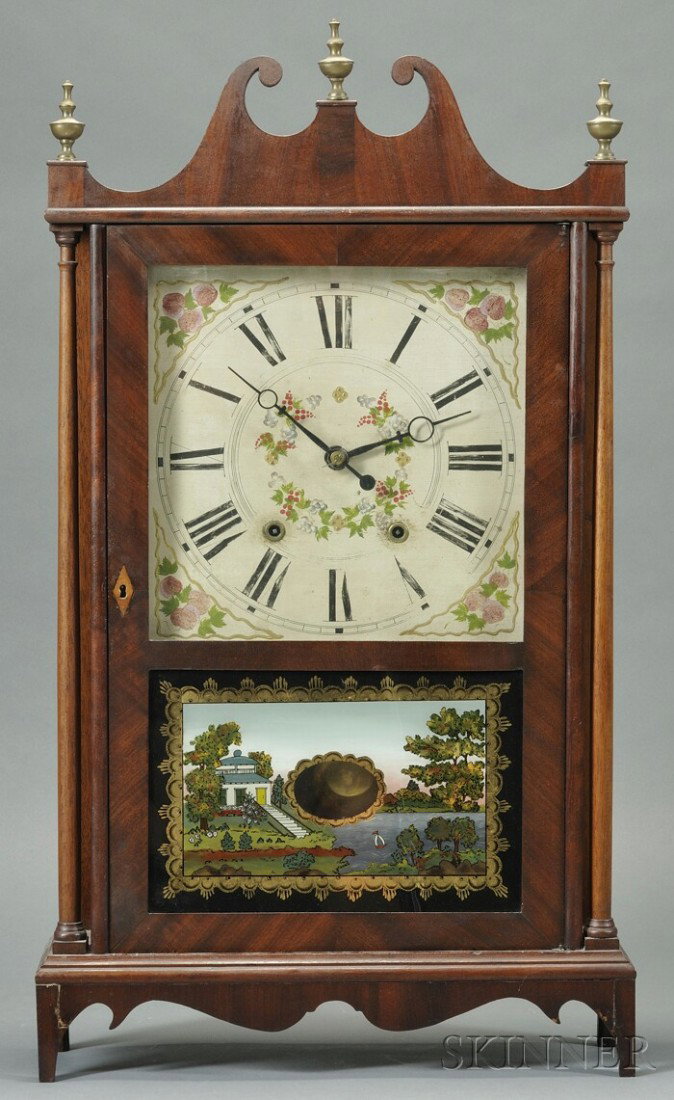 Mahogany Veneer Pillar and Scroll Shelf Clock, Sam: Mahogany Veneer Pillar and Scroll Shelf Clock, Samuel Terry, Bristol, Connecticut, c. 1827-29, with wooden weight-driven thirty hour movement, (imperfections, replaced tablet), ht. 30 1/4 in.