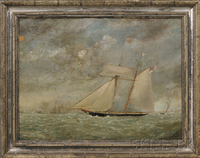 Winckworth Allan Gay (Massachusetts, 1821-1910) Th: Winckworth Allan Gay (Massachusetts, 1821-1910) The Gitana Schooner. Titled, signed, and dated "1855" on label affixed to the back. Oil on canvas, 18 x 24 in., in a period molded silvered wood fram
