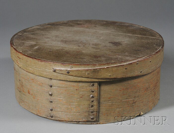 Early Lapped-seam Gray-painted Ash Pantry Box, pro: Early Lapped-seam Gray-painted Ash Pantry Box, probably New England, early 19th century, round box with lapped seams fastened with cut nails, (edge losses, crack around base edge), ht. 6 1/4, dia. 16 