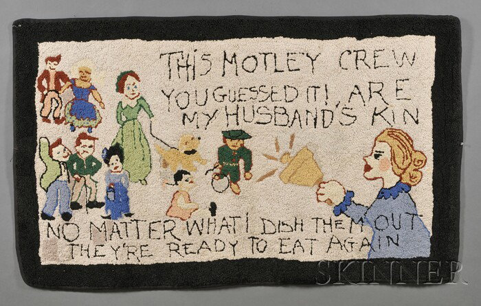 Hudsonian-type Pictorial Hooked Rug, America, earl: Hudsonian-type Pictorial Hooked Rug, America, early 20th century, rectangular rug hooked with wool yarns depicting a woman ringing a dinner bell with several figures in the background and the quote "T