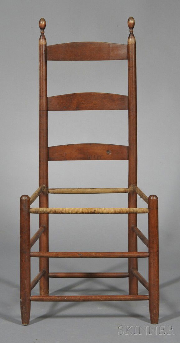 Shaker Maple Red-painted Tilter Chair, probably Ne: Shaker Maple Red-painted Tilter Chair, probably New Lebanon, New York, c. 1840, with through-pinned top slat, old surface, (lacks taped seat), ht. 40, seat ht. 16 in.