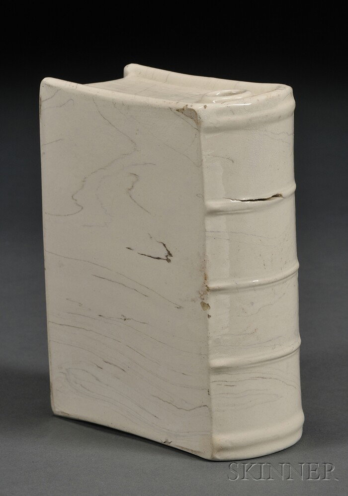 Scroddled Ware Pottery Book Flask, possibly Bennin: Scroddled Ware Pottery Book Flask, possibly Bennington, Vermont, mid-19th century, with slightly marbled white glaze, (minor chips and spots of glaze wear), ht. 5 1/2 in.