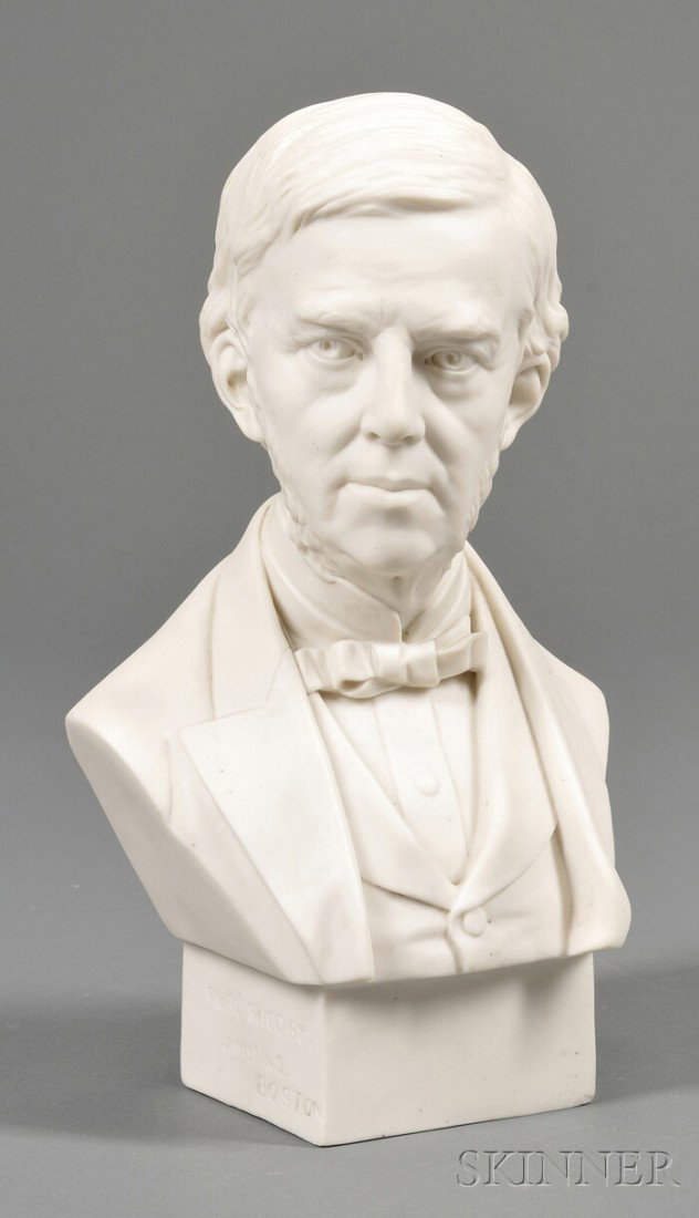 Parianware Bust of Oliver Wendell Holmes, possibly: Parianware Bust of Oliver Wendell Holmes, possibly Boston, mid-to-late 19th century, molded bust on a square plinth, the sides of the plinth with impressed marks "Sidney Morse Sculp't/ Published by J.