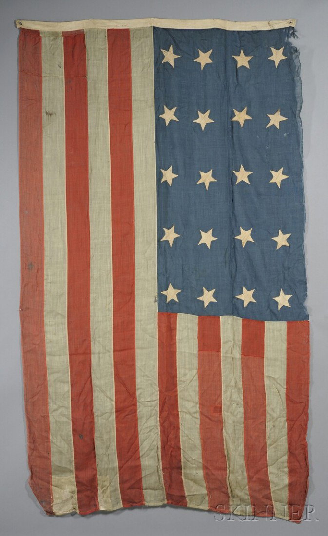 Twenty-star American Flag, 1819, hand-sewn wool ga: Twenty-star American Flag, 1819, hand-sewn wool gauze with homespun cotton stars appliqued to one side, cut out and overcast on the reverse, folded linen heading or sleeve with overcast stitched eyes,