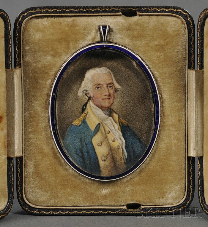 Portrait Miniature of George Washington, America, : Portrait Miniature of George Washington, America, late 19th/early 20th century, unsigned, watercolor on ivory, he wears a blue military jacket with buff-colored collar, lining, and vest, and gold epau