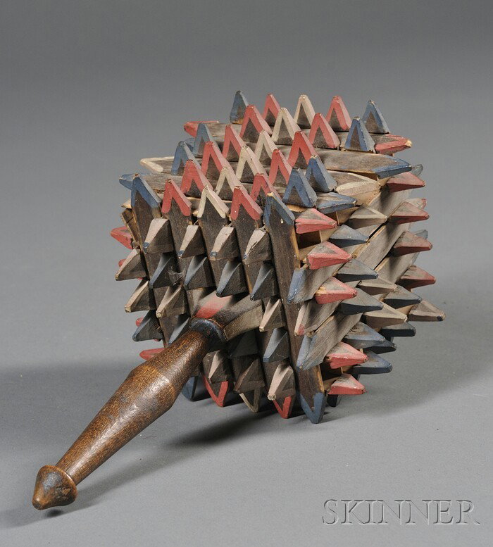 Carved and Painted Wood Tramp Art Rattle, America,: Carved and Painted Wood Tramp Art Rattle, America, late 19th century, the rattle with notched slats with pointed tips fitted to form a cube, painted red, white, and blue, shaped maple handle, (minor l