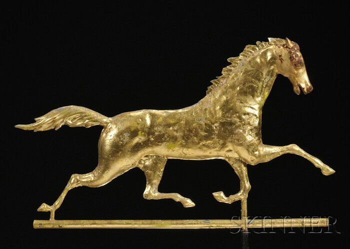 Gilded Molded Copper and Cast Iron Running Horse W: Gilded Molded Copper and Cast Iron Running Horse Weather Vane, America, late 19th century, flattened molded sheet copper figure with cast iron head, mounted on a copper rod, re-gilded, with earlier ve
