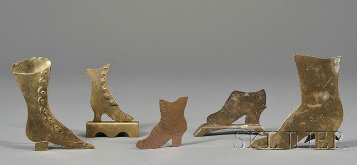 Five Brass and Bronze Shoe and Boot Mantel Ornamen: Five Brass and Bronze Shoe and Boot Mantel Ornaments, late 19th century, sheet metal with applied and engraved details, one is a spill vase, ht. 3 1/2-6 3/8 in.