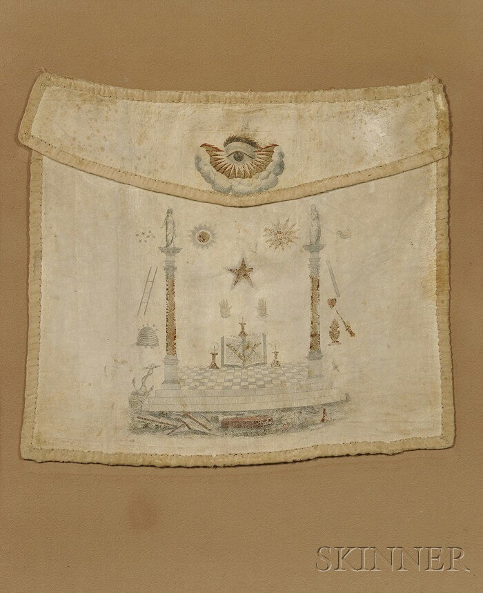 Framed Masonic Apron, America, 19th century, engra: Framed Masonic Apron, America, 19th century, engraved white kid leather inscribed "Eng'd by A. Reed for Br. S. Demey" under the flap, edged with faded pink silk ribbon, depicting the all-seeing eye an