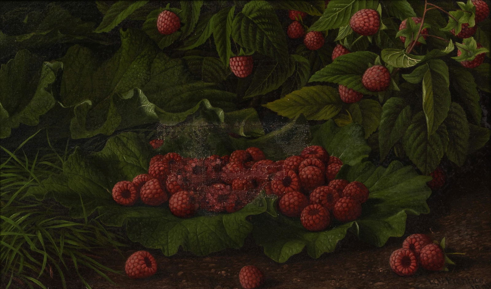 Levi Wells Prentice (1851-1935) Raspberries and Leaves, A Plein-Air Still Life 9 x 15 in. (23.0 ...: Levi Wells Prentice (1851-1935) Raspberries and Leaves, A Plein-Air Still Life signed and dated 'L.W. Prentice/1890' (lower right) oil on canvas 9 x 15 in. (23.0 x 38.0 cm) framed 16 1/2 x 22 1/2 x 3