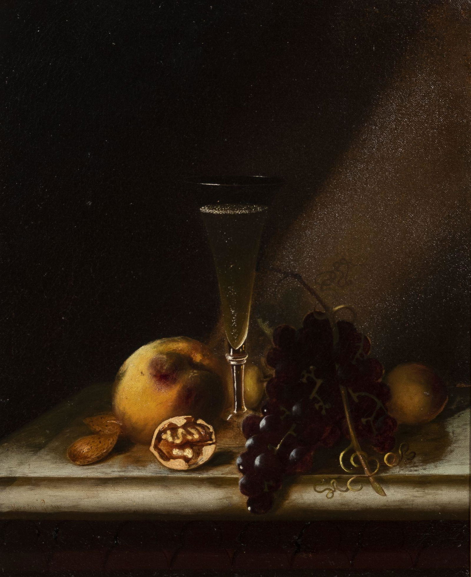 Morston Constantine Ream (1840-1898) Still Life with Sparkling Wine, Fruit, and Nuts 16 x 13 in....: Morston Constantine Ream (1840-1898) Still Life with Sparkling Wine, Fruit, and Nuts signed 'Morston Ream.' on the table edge (lower left) oil on canvas 16 x 13 in. (40.7 x 33.0 cm) framed 27 3/4 x 24