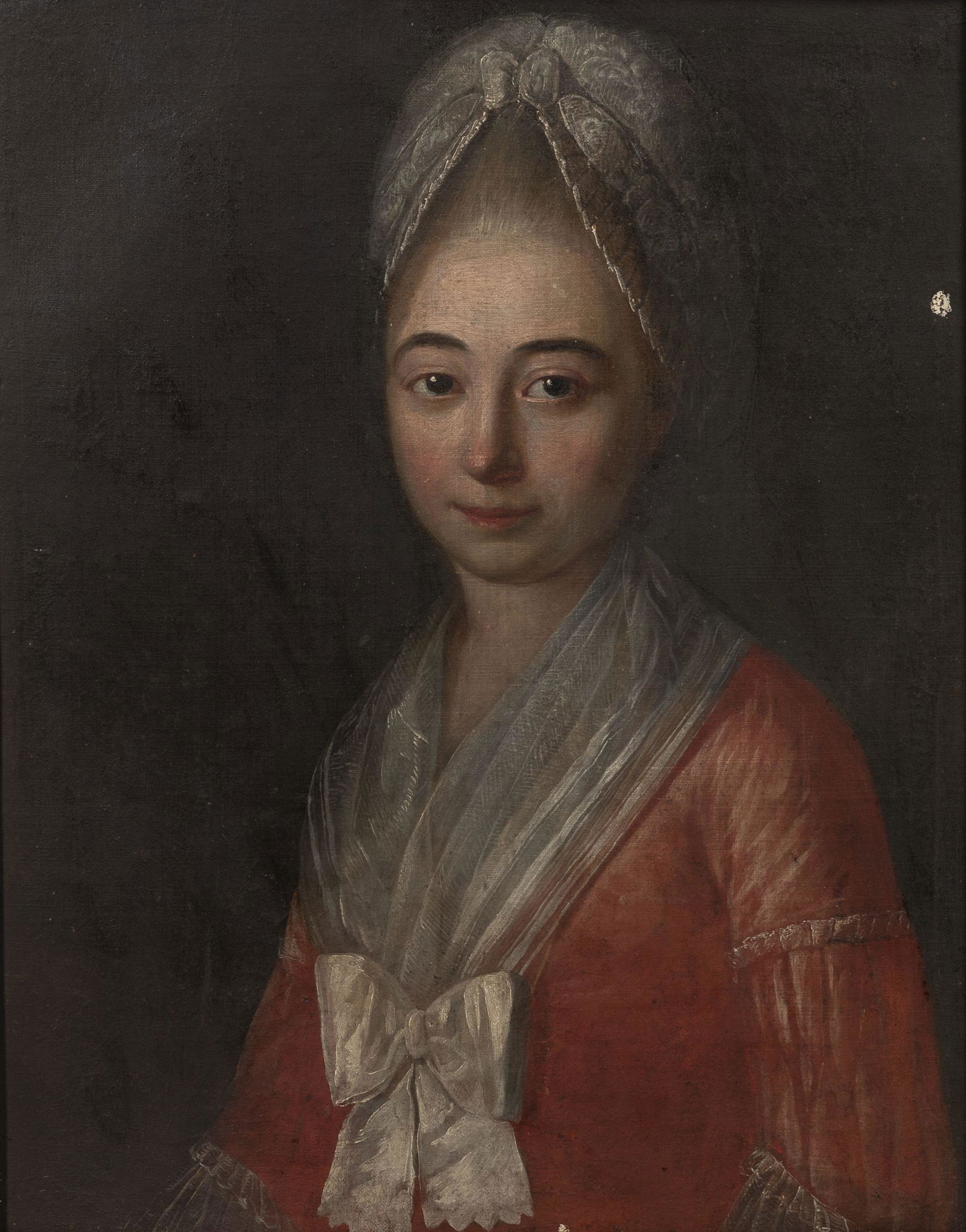 School of Benjamin West (1738-1820) Portrait of a Lady in a Red Dress and Lace Cap 22 3/4 x 18 1...: School of Benjamin West (1738-1820) Portrait of a Lady in a Red Dress and Lace Cap unsigned oil on canvas 22 3/4 x 18 1/4 in. (58.0 x 46.5 cm) framed 25 7/8 x 21 1/4 x 1 3/4 in.