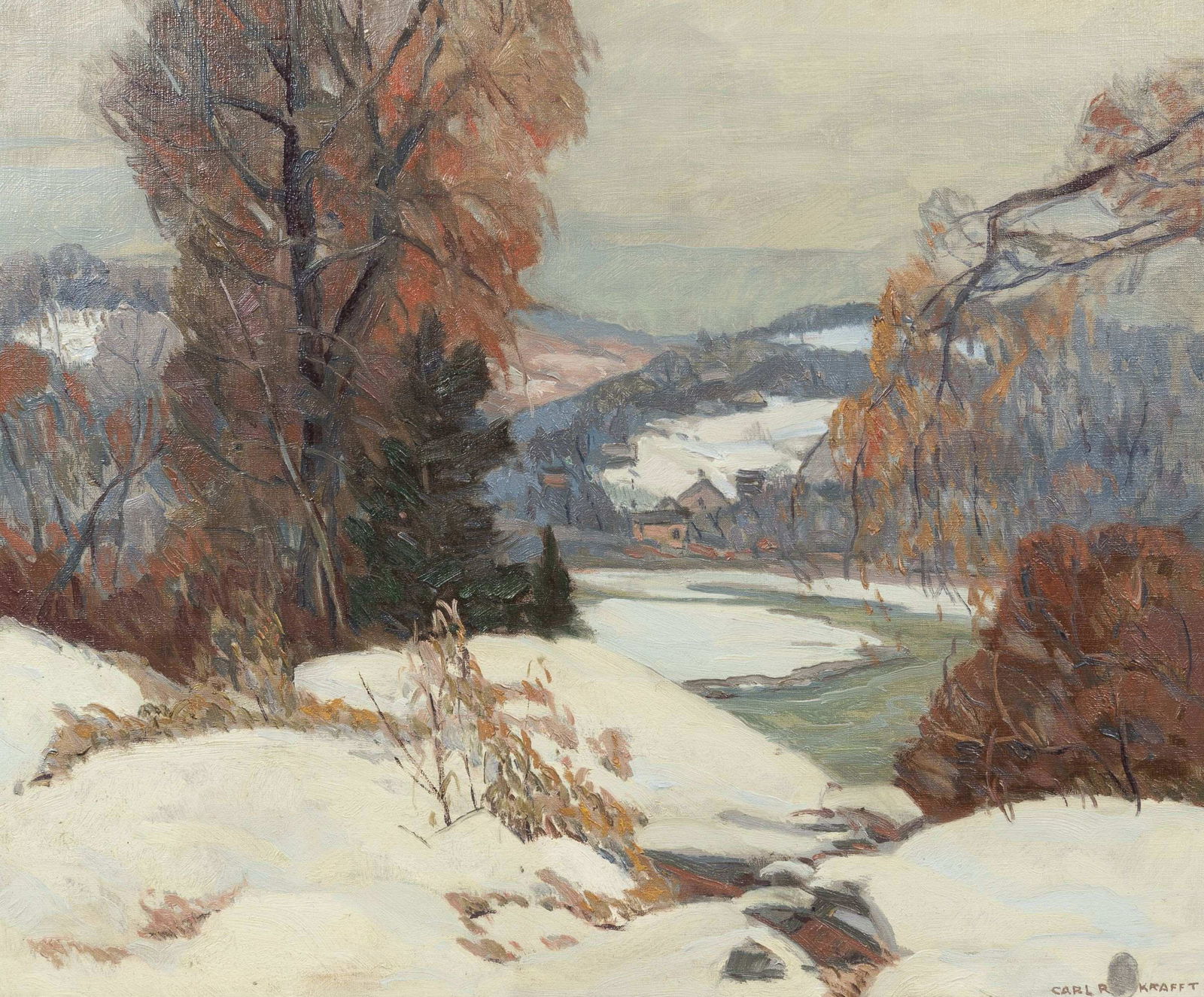 Carl Rudolph Krafft (1884-1938) Winter Landscape with Stream 25 1/4 x 30 1/4 in. (61.5 x 76.8 cm...: Carl Rudolph Krafft (1884-1938) Winter Landscape with Stream signed 'CARL R KRAFFT' and with thumbprint (lower right) oil on canvas 25 1/4 x 30 1/4 in. (61.5 x 76.8 cm) framed 30 1/2 x 35 1/2 in.
