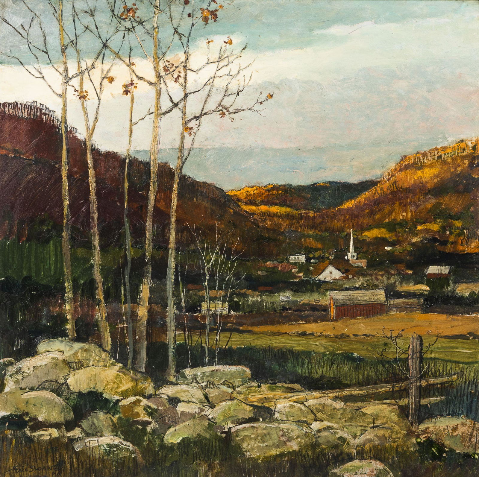 Eric Sloane (1905-1985) November Sunset 19 3/4 x 19 3/4 in. (50.3 x 50.3 cm) framed 27 1/2 x 27 ...: Eric Sloane (1905-1985) November Sunset signed 'Eric SLOANE/NA' (lower left), titled and signed 'Eric SLOANE' (on the reverse), identified on a label from Questroyal Fine Art LLC, New York (affixed to