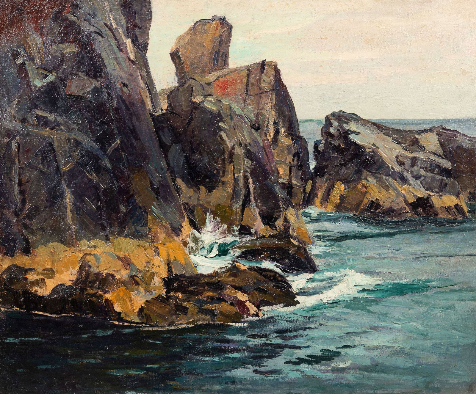 Abraham Jacob Bogdanove (1887-1946) Pulpit Rock 30 x 36 in. (77.0 x 92.0 cm) framed 40 x 45 5/8 x: Abraham Jacob Bogdanove (1887-1946) Pulpit Rock unsigned, identified on a label from Dowling Walsh Gallery, Rockland, Maine (affixed to the foam core backing) oil on canvas 30 x 36 in. (77.0 x 92.0 cm