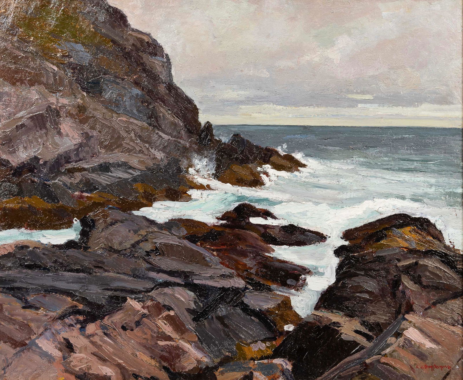 Abraham Jacob Bogdanove (1887-1946) Boggy's Bluff #2 30 x 36 in. (76.2 x 91.5 cm) framed 39 1/4 ...: Abraham Jacob Bogdanove (1887-1946) Boggy's Bluff #2 signed 'A.J. Bogdanove' (lower right) and titled on a label from Spanierman Gallery, New York (affixed to the frame backing) oil on canvas 30 x 36