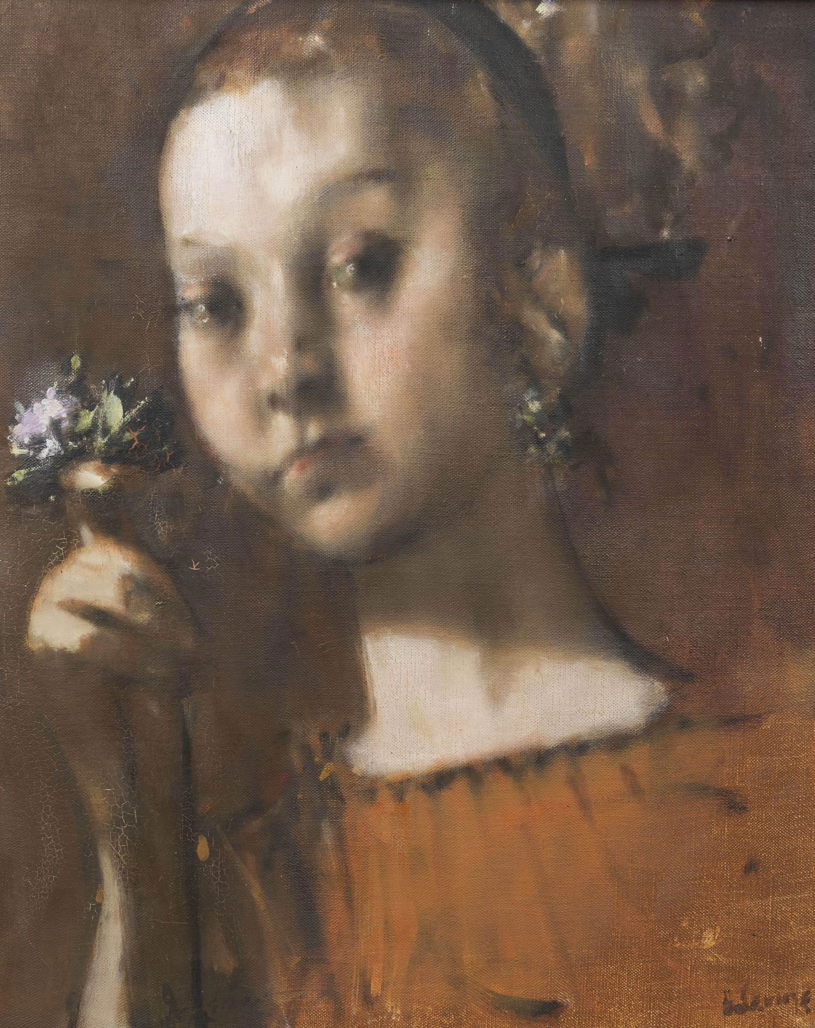 Jack Levine (1915-2010) Girl in Orange 20 x 16 in. (50.6 x 40.7 cm) framed 23 3/8 x 19 1/2 in.: Jack Levine (1915-2010) Girl in Orange signed 'JLevine' (lower right) and identified on a fragmentary label from The Alan Gallery, New York (on the stretcher) oil on canvas 20 x 16 in. (50.6 x 40.7 cm