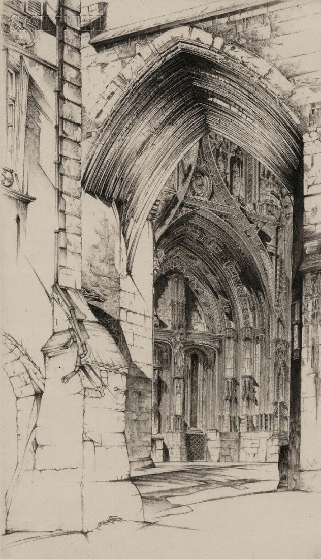 John Taylor Arms (American, 1887-1953) French Lace,: John Taylor Arms (American, 1887-1953) French Lace, alternatively titled The West Portal of the Church of Notre Dame, Villefranche-en-Rouerque, Aveyron, 1949, final state of two, e