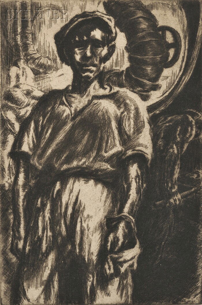 Irwin D. Hoffman (American, 1901-1989) The Stoker,: Irwin D. Hoffman (American, 1901-1989) The Stoker, 1935, edition of 10. Signed "Irwin Hoffman Imp." in pencil l.r., titled and inscribed "...10 prints" in pencil l.l. Etching printed in brown/blac