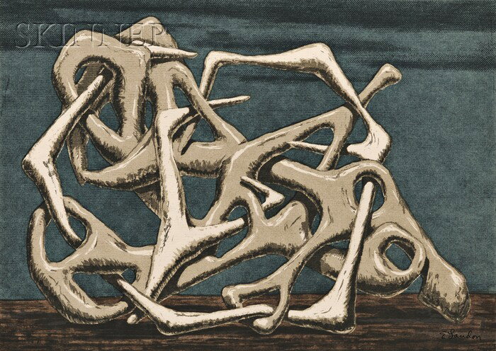 Edward August Landon (American, 1911-1984) Deadlock: Edward August Landon (American, 1911-1984) Deadlock, 1947-48, edition of 30. Signed "E Landon" in ink (within the image) l.r., titled and identified within the matrix, identified on a label affixed