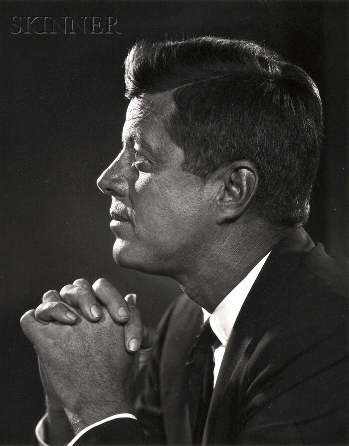 Yousuf Karsh (Canadian, 1908-2002) John F. Kennedy: Yousuf Karsh (Canadian, 1908-2002) John F. Kennedy, c. 1960. Signed "J Karsh." in ink l.l., artist's copyright stamp on the reverse, inscribed "No:6" in pencil on the reverse. Gelatin silver print, im