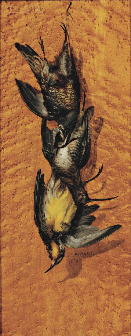 Meyer Straus (American, 1831-1905) Still Life with: Meyer Straus (American, 1831-1905) Still Life with Game Birds Signed and dated "M. STRAUS. 1878" l.c. Oil on bird's-eye maple panel, sight size 24 x 9 1/2 in. (61.0 x 24.1 cm), framed. Condition: Good