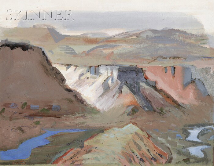 Martyl Schweig Langsdorf (American, b. 1918) New M: Martyl Schweig Langsdorf (American, b. 1918) New Mexico, 1985-85 (White Rock) Signed "martyl" l.l., titled, dated, and inscribed on the reverse. Tempera on paper, 18 7/8 x 23 7/8 in. (48.0 x 6