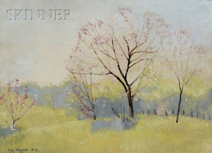 Guy Carleton Wiggins (American, 1883-1962) Spring: Guy Carleton Wiggins (American, 1883-1962) Spring Landscape Signed "Guy Wiggins N.A." l.l., signed u.r. on the reverse. Oil on board, 18 x 24 in. (45.7 x 61.0 cm), framed. Condition: Fine