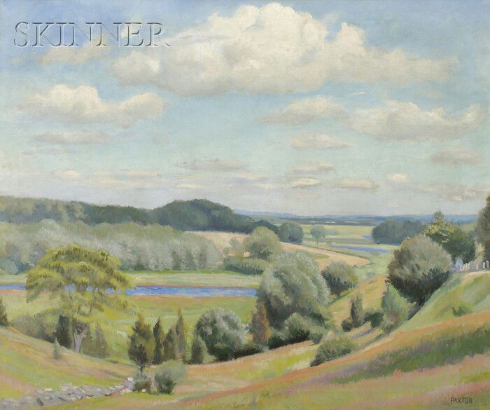 William McGregor Paxton (American, 1869-1941) Summ: William McGregor Paxton (American, 1869-1941) Summer Vista Signed "PAXTON" l.r. Oil on canvas, 25 x 30 in. (63.5 x 76.2 cm), framed. Condition: Repairs, retouch, craquelure in areas of thickest impast