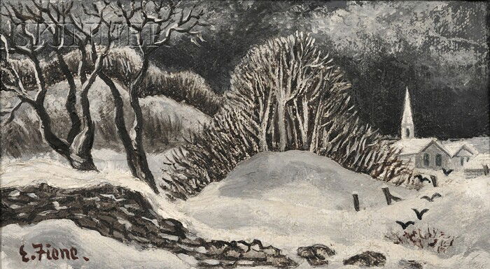 Ernest Fiene (American, 1894-1965) Evening in Wint: Ernest Fiene (American, 1894-1965) Evening in Winter Signed "E. Fiene." l.l. Oil on canvas, 6 1/4 x 11 1/4 in. (16.0 x 28.5 cm), framed. Condition: Surface grime.
