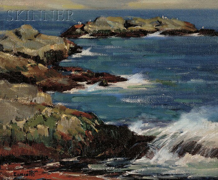 Gustave Cimiotti (American, 1875-1969) Rocky Shore: Gustave Cimiotti (American, 1875-1969) Rocky Shore Signed "Cimiotti" l.l. Oil on Masonite, 13 x 15 3/4 in. (33.2 x 40.2 cm), framed. Condition: Minor wear and losses to edges of support.