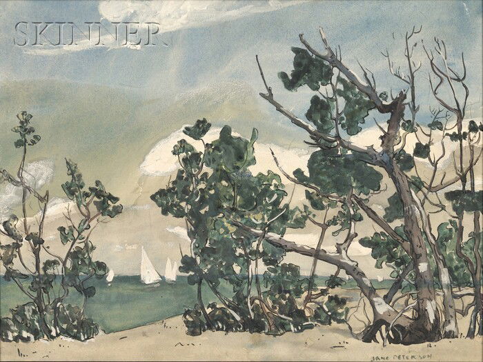 Jane Peterson (American, 1876-1965) Coastal View w: Jane Peterson (American, 1876-1965) Coastal View with Trees and Sailboats Signed "JANE PETERSON" l.r. Watercolor, gouache, and ink on paperboard, 18 x 23 7/8 in. (45.7 x 60.6 cm), framed. Condition: M