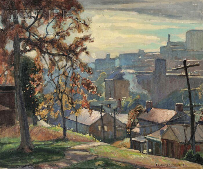 William Lester Stevens (American, 1888-1969) View: William Lester Stevens (American, 1888-1969) View of a City in Autumn, Probably Waterbury, Connecticut Signed "W. LESTER STEVENS." l.r. Oil on canvas, 25 x 30 in. (63.5 x 76.2 cm), framed. Condition: