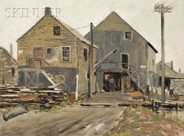 Everett Longley Warner (American, 1877-1963) On th: Everett Longley Warner (American, 1877-1963) On the Wharf Signed "EVERETT WARNER" l.l., identified on a label from The Cooley Gallery, Old Lyme, Connecticut, affixed to the reverse. Oil on