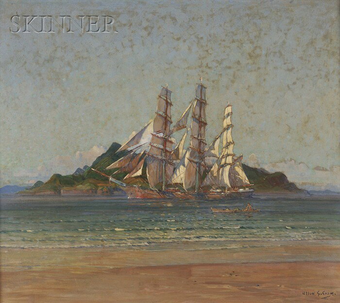 Allen Gilbert Cram (American, 1886-1947) Ship Head: Allen Gilbert Cram (American, 1886-1947) Ship Heading In Signed "Allen G. Cram" l.r., inscribed with the artist's name and Santa Barbara address on the reverse. Oil on Masonite, 26 x 30 in. ( 66.0 x 7