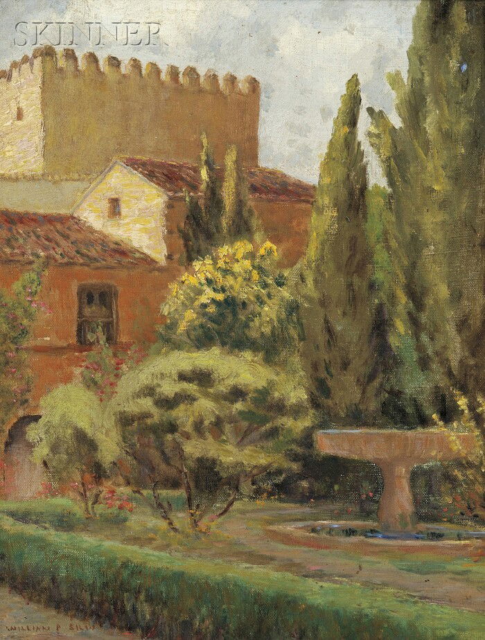 William Posey Silva (American, 1859-1948) Garden,: William Posey Silva (American, 1859-1948) Garden, Alhambra--Spain Signed "WILLIAM P. SILVA" l.l., identified on labels from the artist and Kennedy Galleries, Inc., New York, affixed to the rev