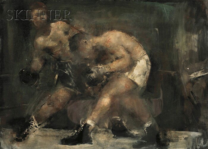 Grigory Gluckmann (Russian/American, 1898-1973) Th: Grigory Gluckmann (Russian/American, 1898-1973) The Boxing Match Signed "GLUCKMANN" l.r. Oil on paper, 14 1/2 x 20 1/4 in. (36.8 x 51.4 cm), framed. Condition: Trimmed bottom edge. Provenance: Thro