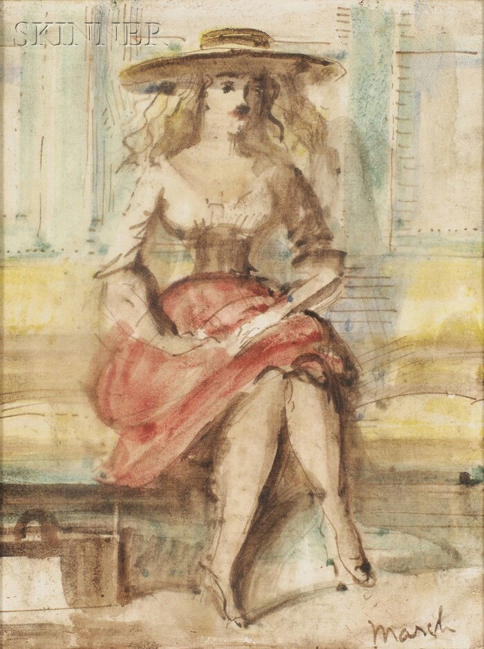 Reginald Marsh (American, 1898-1954) Portrait of a: Reginald Marsh (American, 1898-1954) Portrait of a Seated Woman/A Double-sided Composition Signed "Marsh" l.r., with a composition of another seated woman on the reverse. Watercolor and ink on paper,