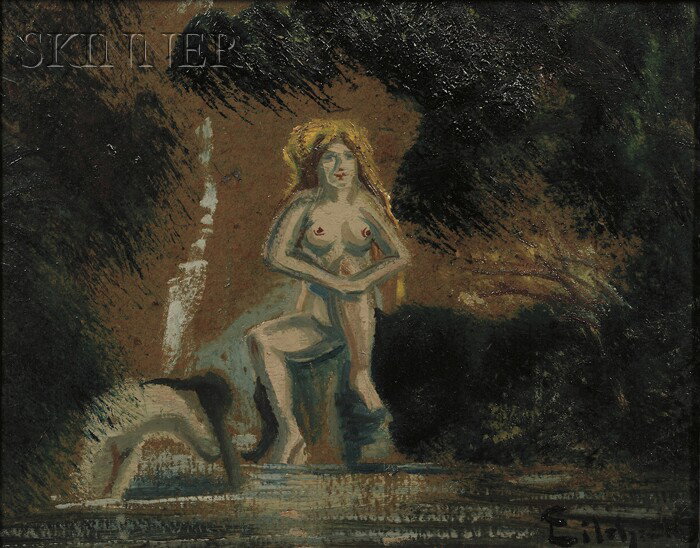 Louis Michel Eilshemius (American, 1864-1941) Nude: Louis Michel Eilshemius (American, 1864-1941) Nude in a Landscape Signed "EilshemiuS" l.r. Oil on paperboard, 7 7/8 x 9 7/8 in. (20.0 x 25.1 cm), in a hand-carved and embellished frame. Condition: Min