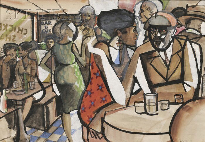 David Scott Brown (African/American, b. 1931) Sout: David Scott Brown (African/American, b. 1931) Southern Diner Signed "D.S. Brown" l.r. Watercolor and ink on paper, sight size 17 x 24 1/2 in. (43.2 x 62.2 cm), framed. Condition: Not examined out of f
