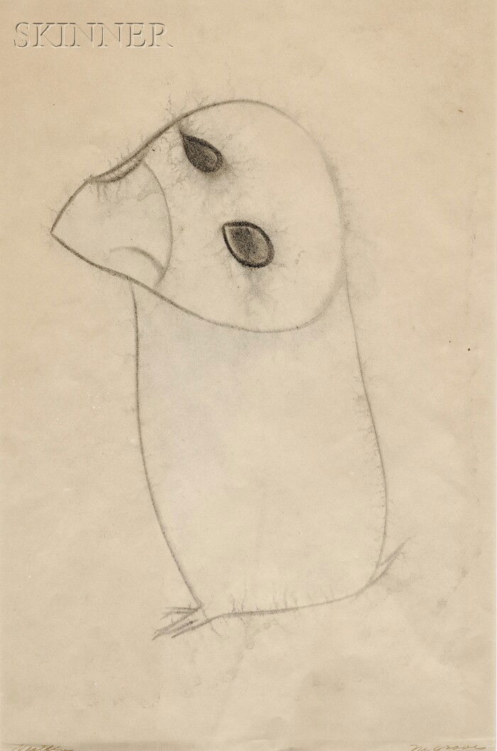 Morris Cole Graves (American, 1910-2001) Nestling: Morris Cole Graves (American, 1910-2001) Nestling Signed "M. Graves" in pen l.r., titled l.l. Charcoal on paper, sight size 18 1/4 x 12 in. (47.6 x 30.5 cm), framed. Condition: Not examined