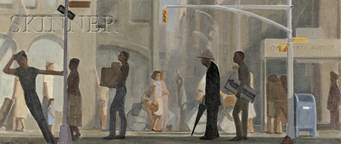 Patrick Webb (American, b. 1955) Modern Age I, 198: Patrick Webb (American, b. 1955) Modern Age I, 1984 Signed "P WEBB" l.l., identified on a label from Alpha Gallery, Boston, affixed to the backing. Oil on canvas, 22 x 50 in. (55.9 x 127.0