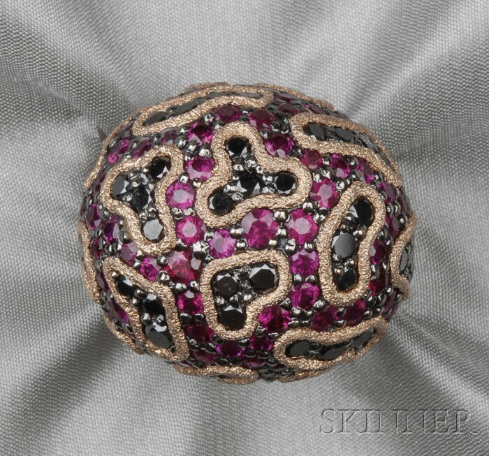 18kt Rose Gold, Ruby, Black Diamond, and Diamond "L: 18kt Rose Gold, Ruby, Black Diamond, and Diamond "Lava" Ring, Alex Soldier, c. 2008, the domed form set with 140 circular-cut rubies, total wt. 10.00 cts., further set with seventy-nine circular-cut b