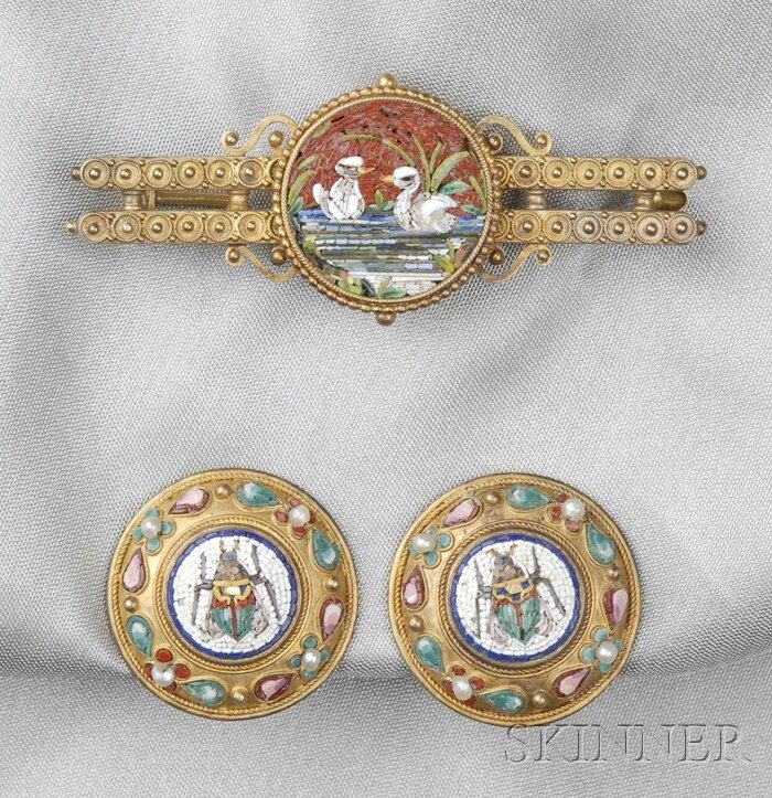 Antique Gold and Micromosaic Suite, a pair of earr: Antique Gold and Micromosaic Suite, a pair of earrings with beetle motifs, garland borders with seed pearl accents, and a bar brooch depicting ducks on a pond, dia. 3/4, lg. 2 in.