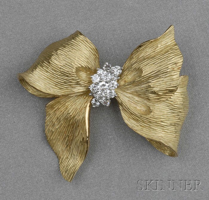 18kt Gold, Platinum, and Diamond Bow Brooch, McTei: 18kt Gold, Platinum, and Diamond Bow Brooch, McTeigue, set with full-cut diamond melee, approx. total wt. 1.00 cts., 15.5 dwt, lg. 2 in., maker's mark.