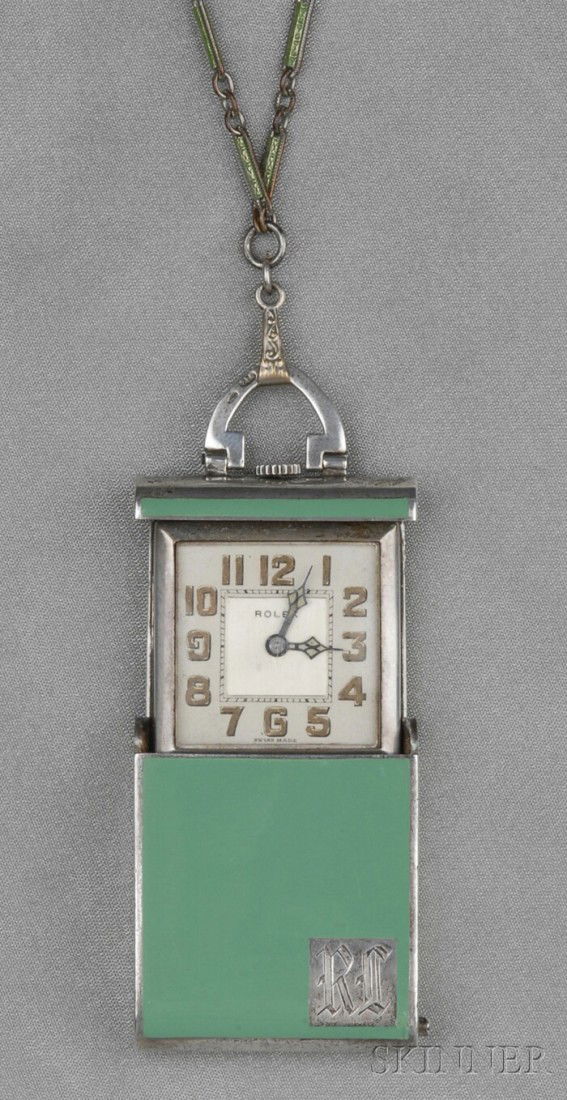 Art Deco Sterling Silver and Enamel Travel Watch,: Art Deco Sterling Silver and Enamel Travel Watch, Rolex, the green enamel case opening to reveal an ivory-tone dial with Arabic numeral indicators, enclosing 15-jewel manual-wind movement no. 68383, t