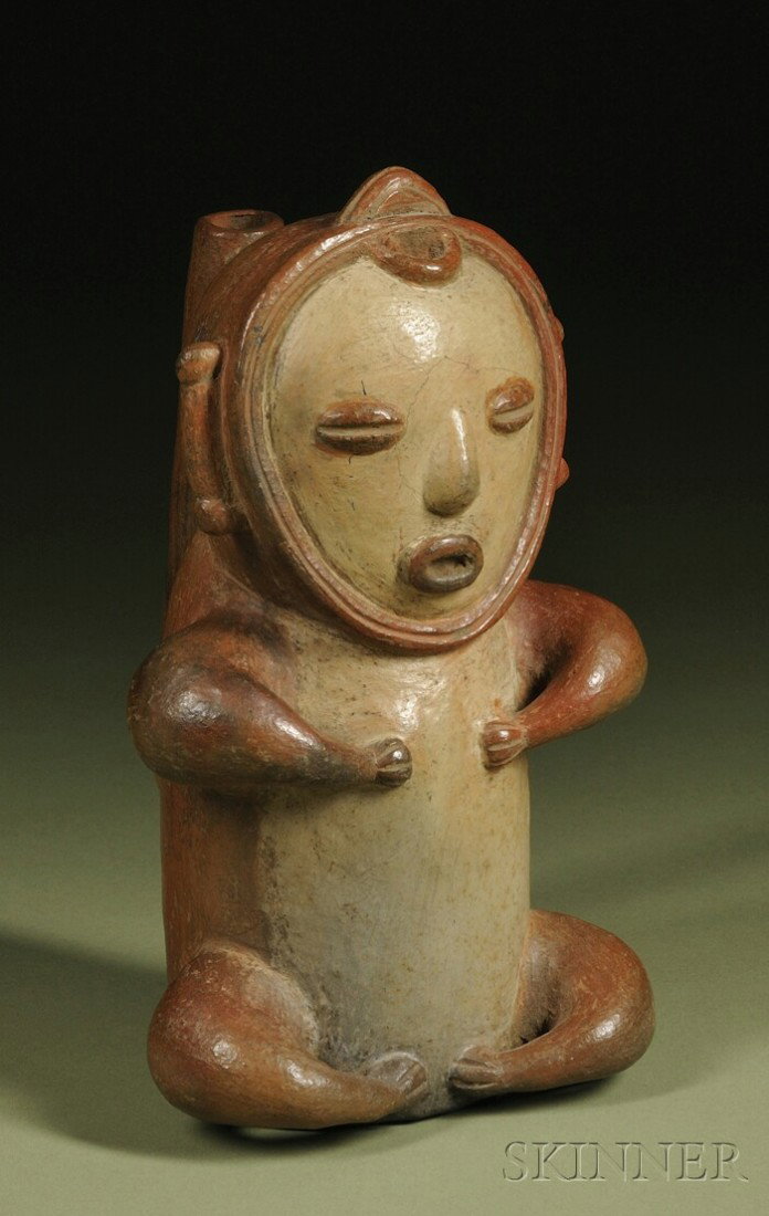 Pre-Columbian Pottery Vessel, Nicaragua, depicting a: Pre-Columbian Pottery Vessel, Nicaragua, depicting a stylized two-color seated monkey, the framed face with coffee bean eyes and oval mouth, the tail in the form of a spout with strap, (cracks), ht. 7