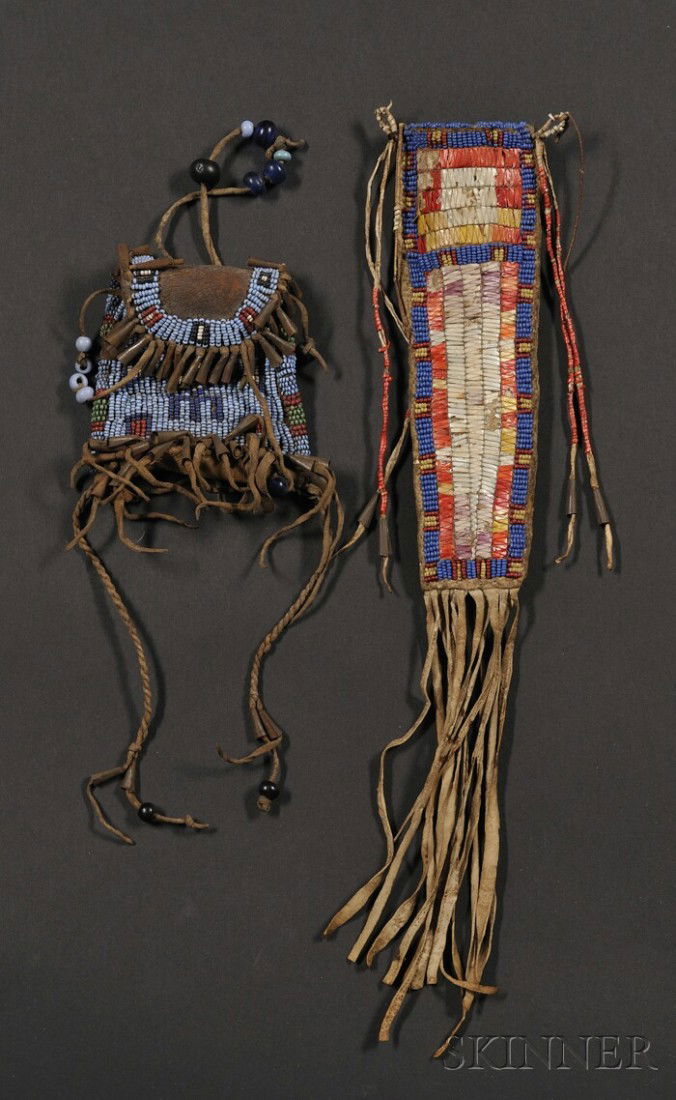 Two Plains Items, Lakota, c. last quarter 19th cen: Two Plains Items, Lakota, c. last quarter 19th century, a beaded strike-a-lite pouch with tin cone danglers, and a quilled and beaded knife sheath with quill-wrapped danglers and fringe from the botto